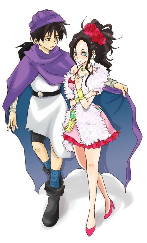 icomemo, deborah (dq5), hero (dq5), dragon quest, dragon quest v, 1boy, 1girl, black hair, blue eyes, blush, cape, couple, dress, feather boa, flower, hetero, high heels, mole, mole under eye, ponytail, rose, shoes