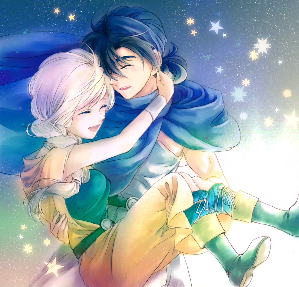 momo (gomenne), mou ii, bianca (dq5), hero (dq5), dragon quest, dragon quest v, bad id, bad pixiv id, 1boy, 1girl, blonde hair, blue eyes, boots, braid, cape, closed eyes, couple, dress, hair over shoulder, happy, hetero, hug, muoii, single braid, smile, star (symbol), turban