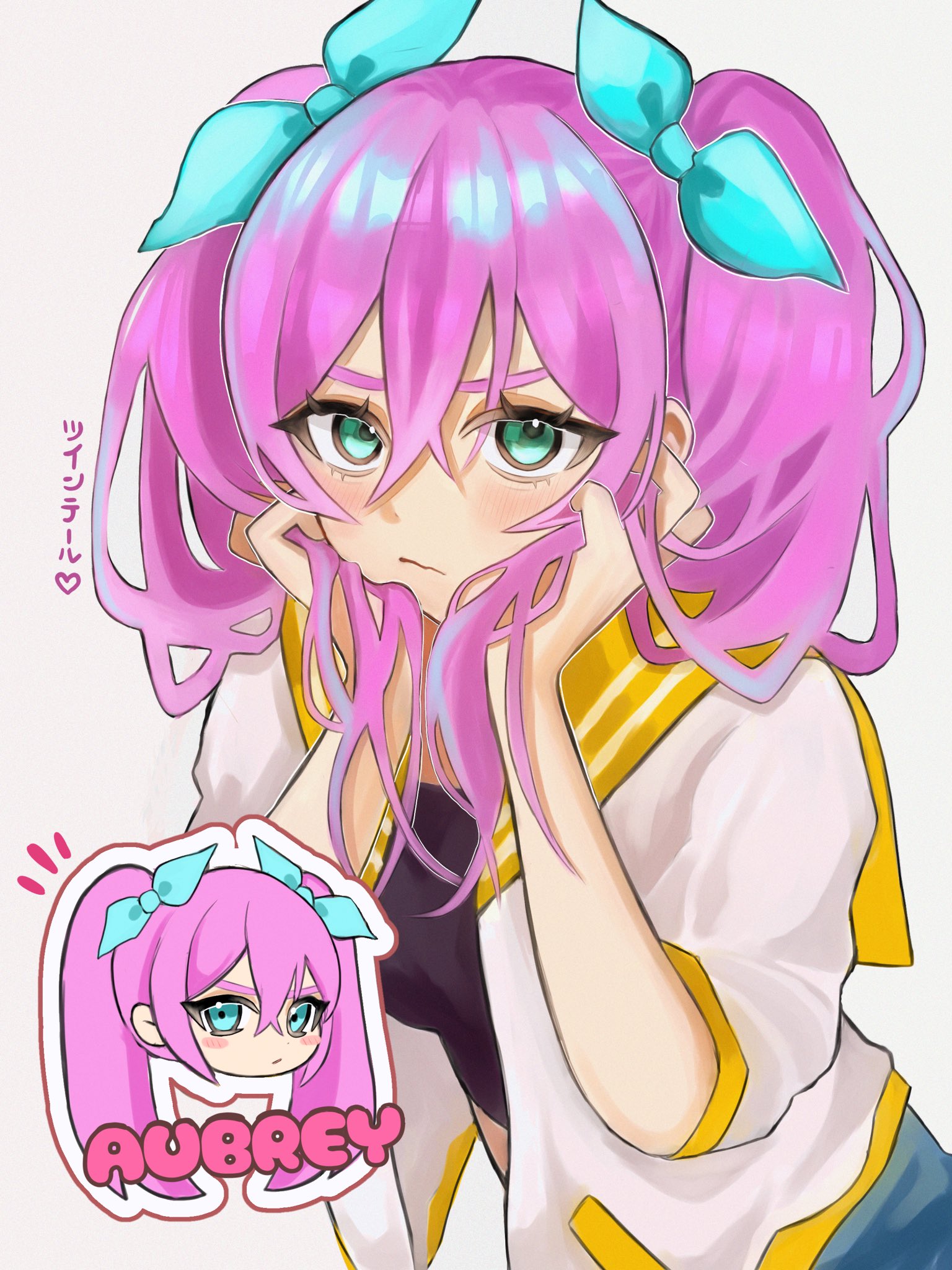 aubrey (faraway) (omori), aubrey (omori), omori, commentary request, highres, translation request, 1girl, alternate hairstyle, aqua bow, aqua eyes, black shirt, blush, bow, breasts, character name, chibi, chibi inset, closed mouth, denim, double-parted bangs, embarrassed, frown, grey background, hair between eyes, hair bow, hands on own cheeks, hands on own face, hands up, holding, holding own hair, jacket, long hair, looking at viewer, notice lines, open clothes, open jacket, orange sailor collar, outline, pink hair, sailor collar, shirt, simple background, small breasts, solo, three-quarter sleeves, twintails, upper body, v-shaped eyebrows, waiwaisiyo ze, white jacket, white outline