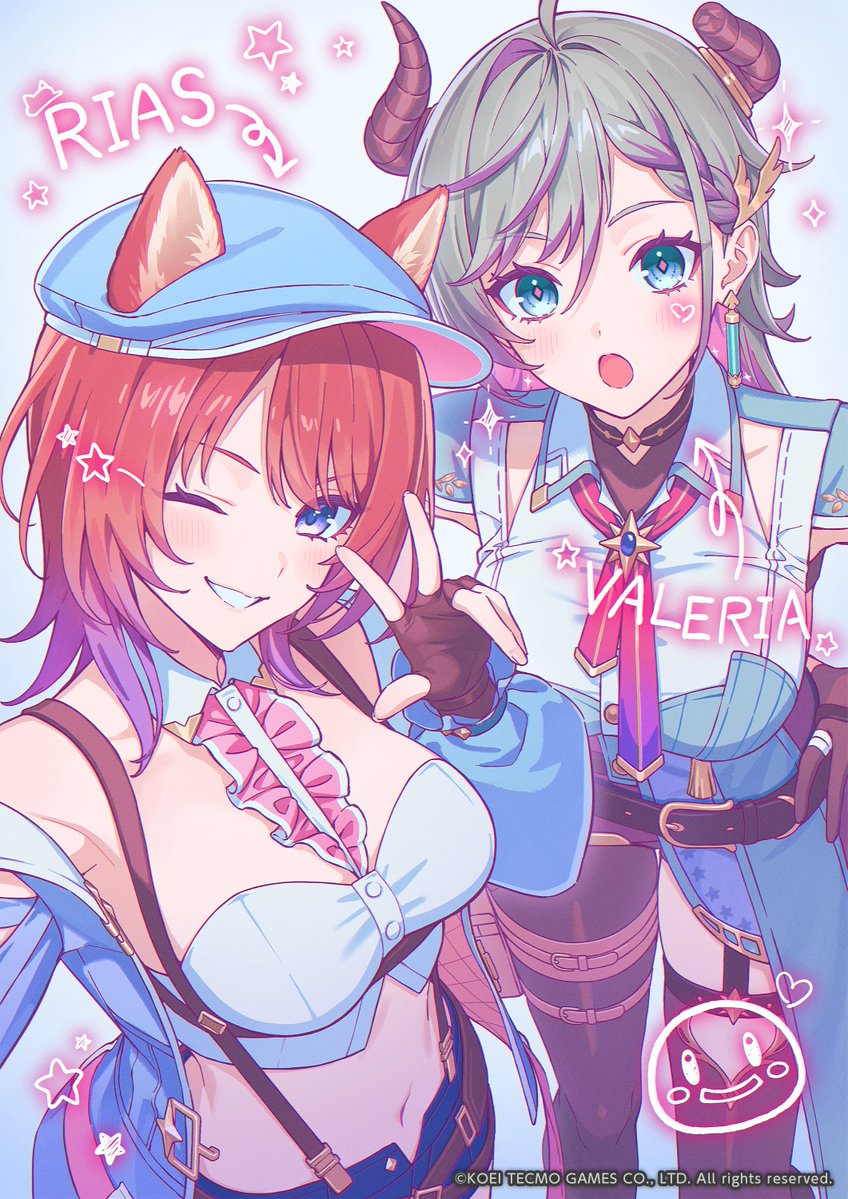 tokki, rias eidreise, valeria (atelier), atelier (series), atelier resleriana, atelier resleriana: the red alchemist & the white guardian, commentary request, official art, second-party source, 2girls, animal ears, armpit peek, asymmetrical legwear, bare shoulders, belt, blue dress, blue eyes, blue hat, blue jacket, blue shorts, braid, breasts, brown gloves, center frills, crop top, detached collar, dress, ears through headwear, fingerless gloves, frills, gloves, gradient hair, grey hair, grin, hand up, hat, horns, jacket, large breasts, long hair, looking at viewer, medium hair, midriff, multicolored hair, multiple girls, navel, newsboy cap, one eye closed, open clothes, open fly, open jacket, open mouth, red hair, shirt, shorts, single leg pantyhose, single thighhigh, sleeveless, sleeveless shirt, smile, stomach, suspenders, thighhighs, white shirt