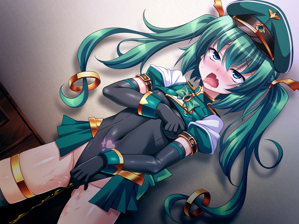 aoi masami, knight lapis, nina wang rockford, ts magical girl nao, game cg, large variant set, non-web source, official art, variant set, 1girl, ahegao, aqua eyes, black gloves, blue eyes, blush, breasts, corruption, covered erect nipples, covered navel, dutch angle, elbow gloves, female masturbation, female orgasm, fingering, gloves, grabbing own breast, green eyes, green hair, hat, leotard, long hair, magical girl, masturbation, nipple stimulation, nipple tweak, nose blush, open mouth, orgasm, peaked cap, pee, peeing, peeing self, pubic tattoo, pussy juice, showgirl skirt, small breasts, solo, standing, tattoo, tears, thighhighs, tongue, tongue out, twintails