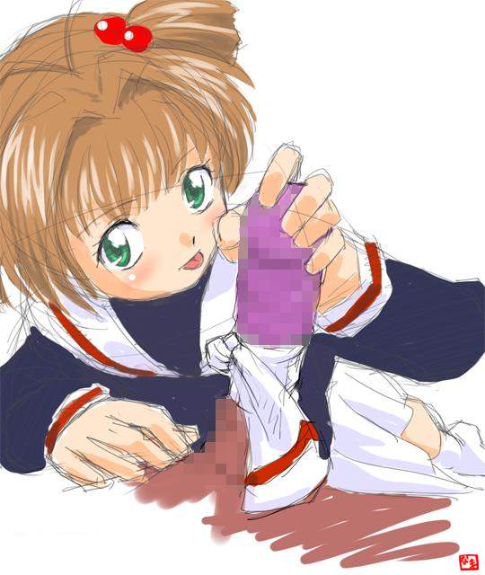 kinomoto sakura, cardcaptor sakura, 1990s (style), 1girl, censored, female focus, green eyes, hair bobbles, hair ornament, loli, retro artstyle, short hair, sketch, solo, tongue