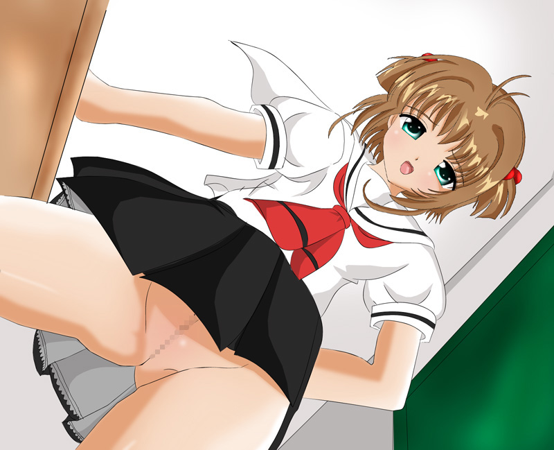 kinomoto sakura, cardcaptor sakura, 1990s (style), 1girl, brown hair, censored, female focus, green eyes, no panties, pussy, retro artstyle, school uniform, serafuku, short hair, solo, tomoeda middle school uniform