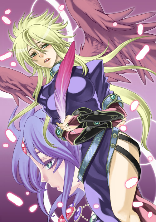 kagura-akira, mina (breath of fire), nina (breath of fire ii), breath of fire, breath of fire ii, 1girl, angel wings, black wings, blonde hair, blue hair, dress, feathers, green eyes, long hair, side slit, wings