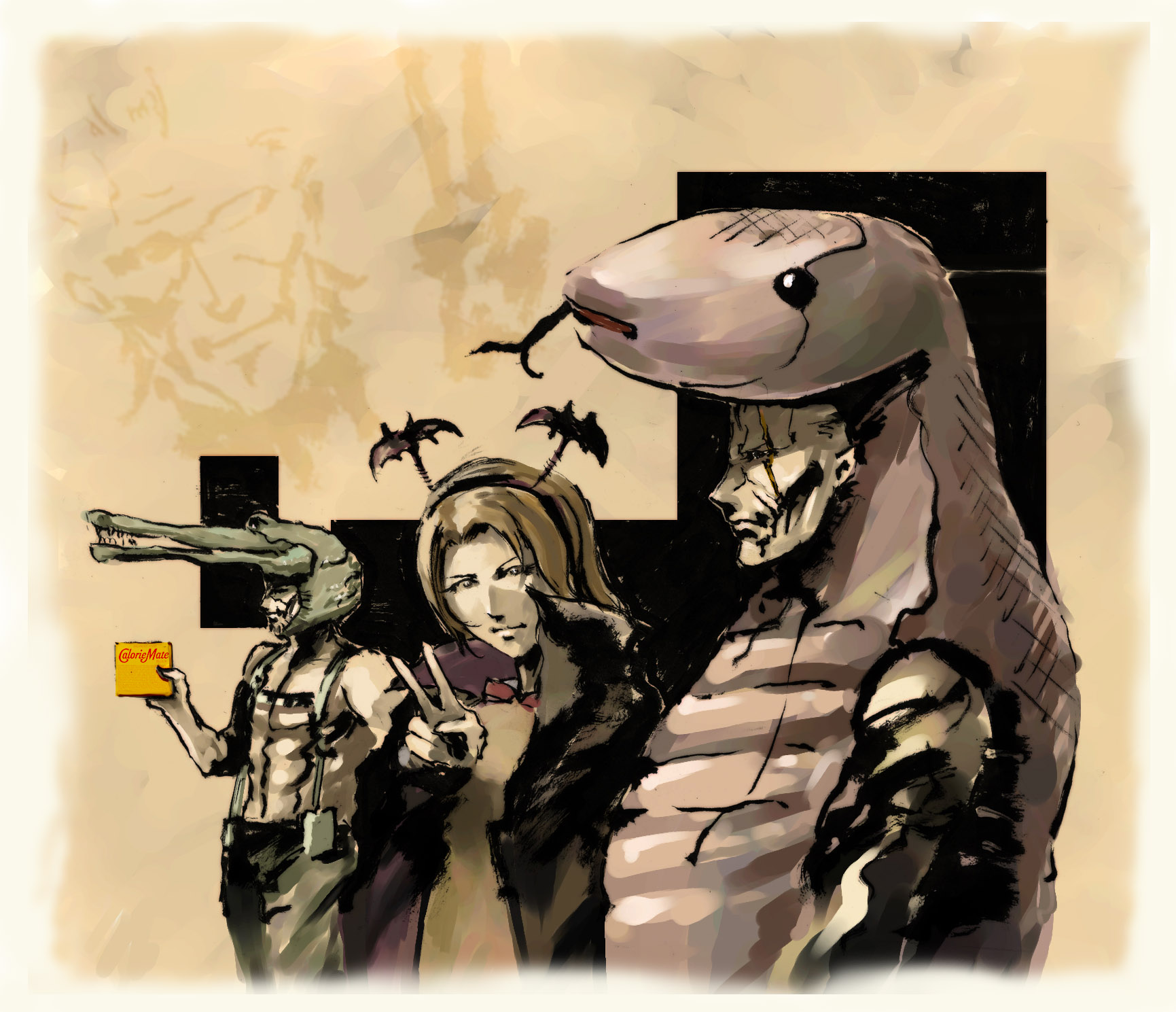ikuyoan, big boss, major zero, naked snake, para-medic (mgs3), the sorrow, caloriemate, metal gear (series), metal gear solid 3: snake eater, highres, 1girl, 2boys, animal costume, crocodile, crocodile cap, crocodilian, halloween, multiple boys, snake, snake costume, suspenders, tsuchinoko, v