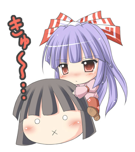 exe (artist), xe (execut3r), fujiwara no mokou, houraisan kaguya, touhou, 1girl, black hair, blush, bow, chibi, female focus, long hair, o o, pants, red eyes, solo, x mouth