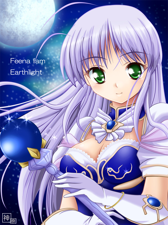 hatanokanna, kanna-chan to issho, feena fam earthlight, yoake mae yori ruri iro na, 1girl, blush, breasts, cleavage, dress, elbow gloves, gloves, green eyes, long hair, moon, purple hair, scepter