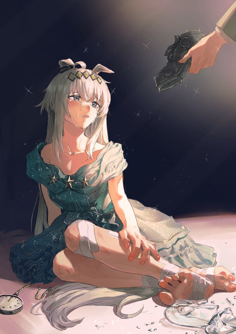 esubui, oguri cap (umamusume), symboli rudolf (emperor's path) (umamusume), symboli rudolf (umamusume), umamusume, umamusume: cinderella gray, commentary request, 2girls, ahoge, animal ears, bandaged foot, bandaged knees, bandages, black background, black shoes, crying, ear ornament, feet, full body, glass slipper, grey eyes, grey hair, holding, holding shoes, holding unworn clothes, horse, horse ears, horse girl, long hair, multiple girls, pocket watch, shoes, sitting, solo focus, star (symbol), unworn shoes, watch, yokozuwari