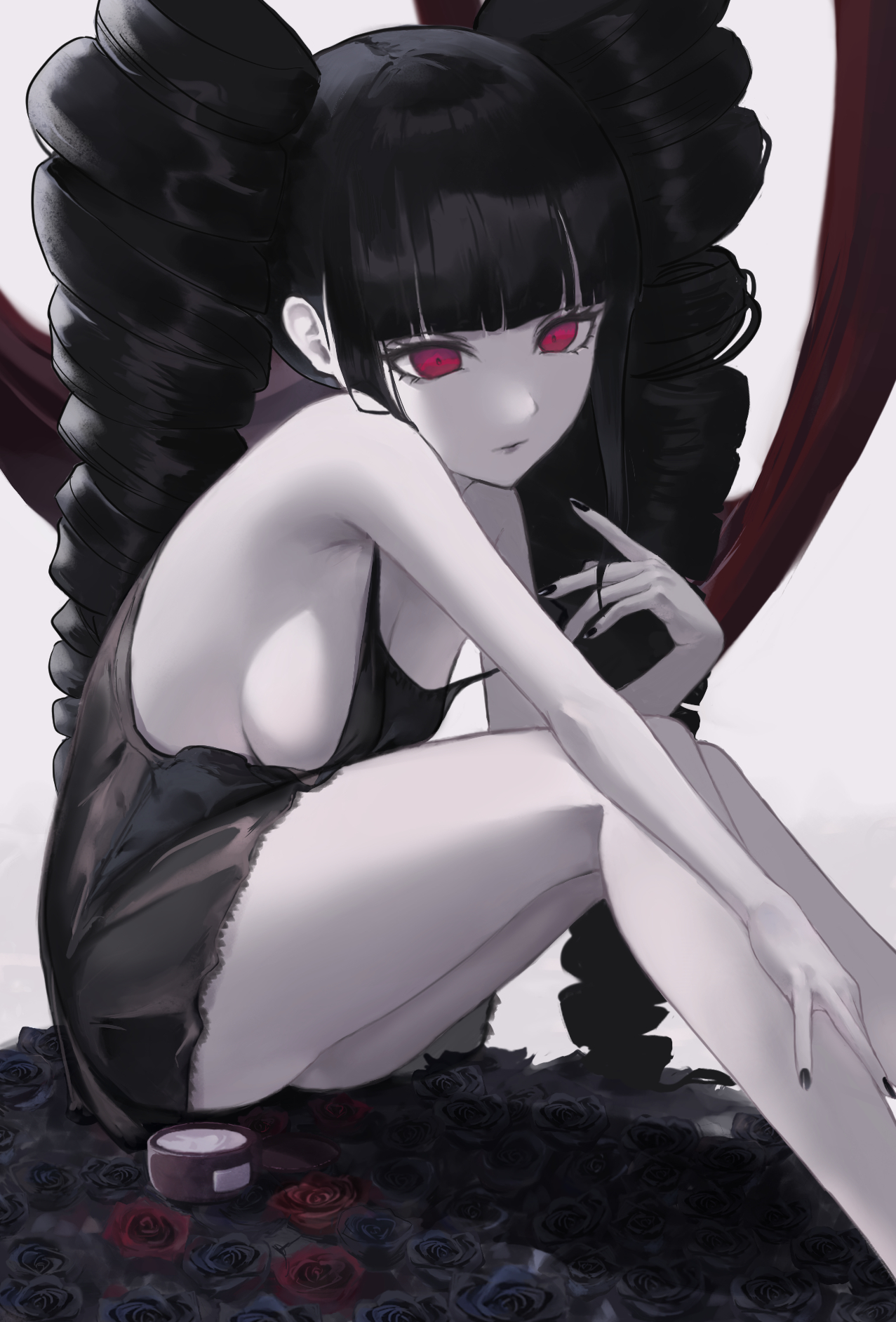 shiton (2016sanhime), celestia ludenberg, danganronpa: trigger happy havoc, danganronpa (series), highres, 1girl, alternate costume, bare shoulders, black dress, black hair, black nails, blunt bangs, breasts, dress, drill hair, medium breasts, nail polish, pale skin, red eyes, sitting, solo, twin drills, twintails