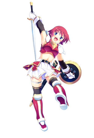 kuuchuu yousai, karen (yuusha 30), yuusha 30, lowres, official art, arm up, armor, blue eyes, boots, buckler, gloves, knee boots, leg up, looking at viewer, midriff, red hair, shield, short hair, shoulder guard, skirt, sword, thigh strap, weapon