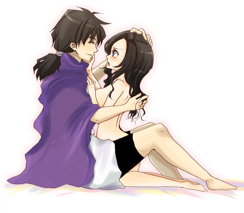 icomemo, deborah (dq5), hero (dq5), dragon quest, dragon quest v, 1boy, 1girl, artistic error, bad anatomy, bad proportions, barefoot, black hair, blue eyes, blush, breasts, clothed male nude female, couple, hetero, hug, kneeling, medium breasts, mole, mole under eye, nude, poorly drawn, sideboob