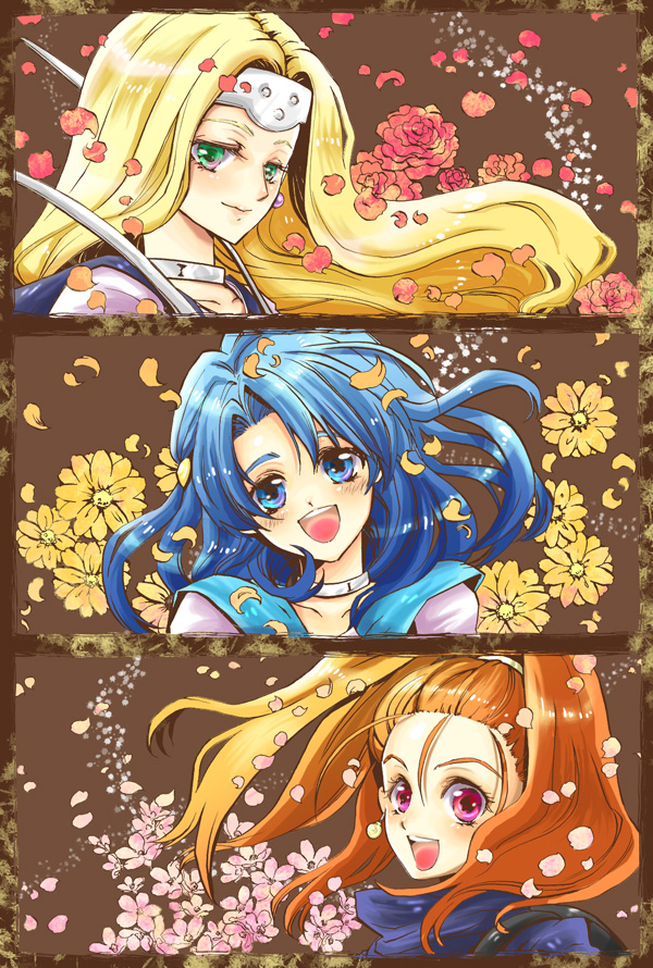 icomemo, barbara (dq6), mireyu, tania (dq6), dragon quest, dragon quest vi, square enix, 3girls, blonde hair, blue eyes, blue hair, blush, cherry blossoms, circlet, flower, forehead, green eyes, high ponytail, long hair, multiple girls, petals, ponytail, purple eyes, red hair, rose, smile