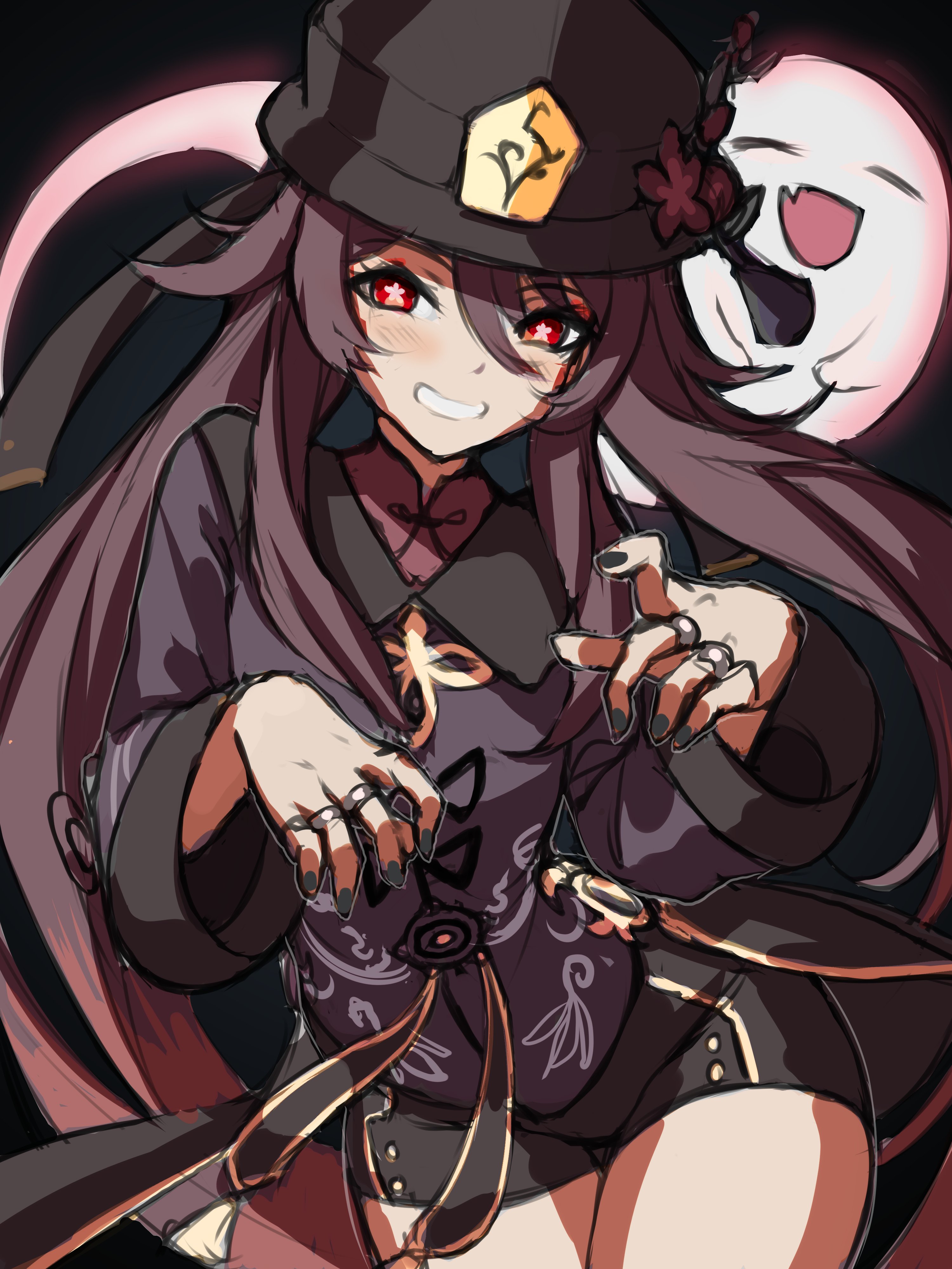 enma (enmanuelart), boo tao (genshin impact), hu tao (genshin impact), genshin impact, absurdres, commentary, english commentary, highres, 1girl, black background, black hat, black nails, black shorts, blush, bright pupils, brown dress, brown hair, chinese clothes, closed eyes, cowboy shot, dress, eyelashes, fang, flower, flower-shaped pupils, glowing, hair between eyes, hands up, hat, jewelry, long hair, long sleeves, looking at viewer, multiple rings, nail polish, open mouth, parted lips, plum blossoms, red eyes, red flower, ring, shorts, sketch, skin fang, smile, solo focus, symbol-shaped pupils, tailcoat, teeth, thighs, very long hair, white pupils, wide sleeves