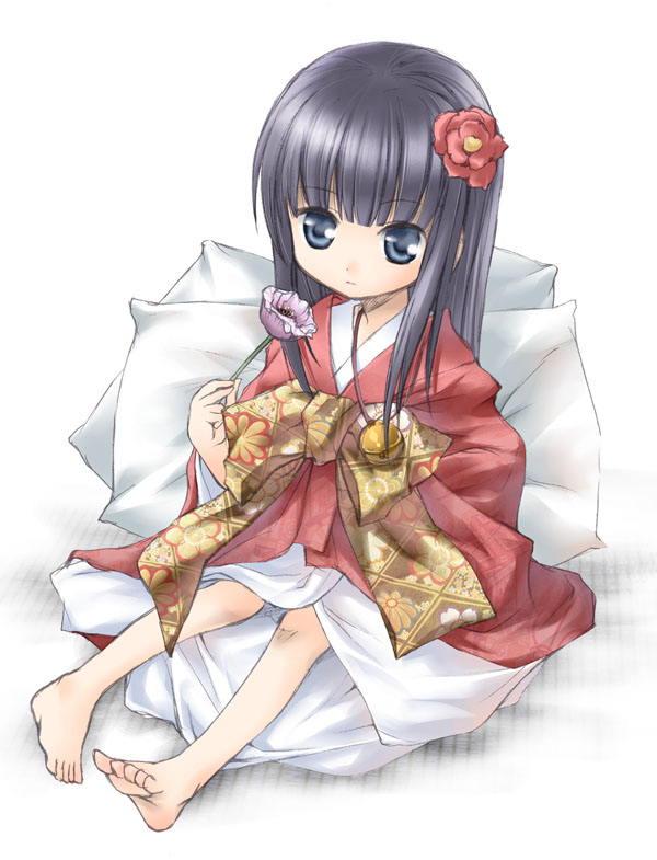 kurusugawa misako, furude rika, higurashi no naku koro ni, 00s, 1girl, barefoot, bell, black hair, blue eyes, bow, camellia, child, feet, female focus, flower, japanese clothes, kimono, long hair, pillow, sitting, soles, solo