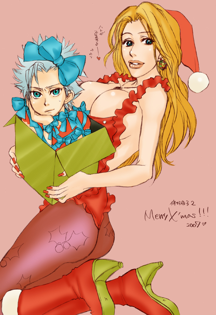 gekkousha, hitsugaya toushirou, matsumoto rangiku, bleach, 00s, 1boy, 1girl, ass, boots, bow, box, breasts, christmas, cleavage, dated, earrings, gift, hat, holding, holding gift, in box, in container, jewelry, large breasts, lips, long hair, orange hair, pantyhose, santa hat, white hair