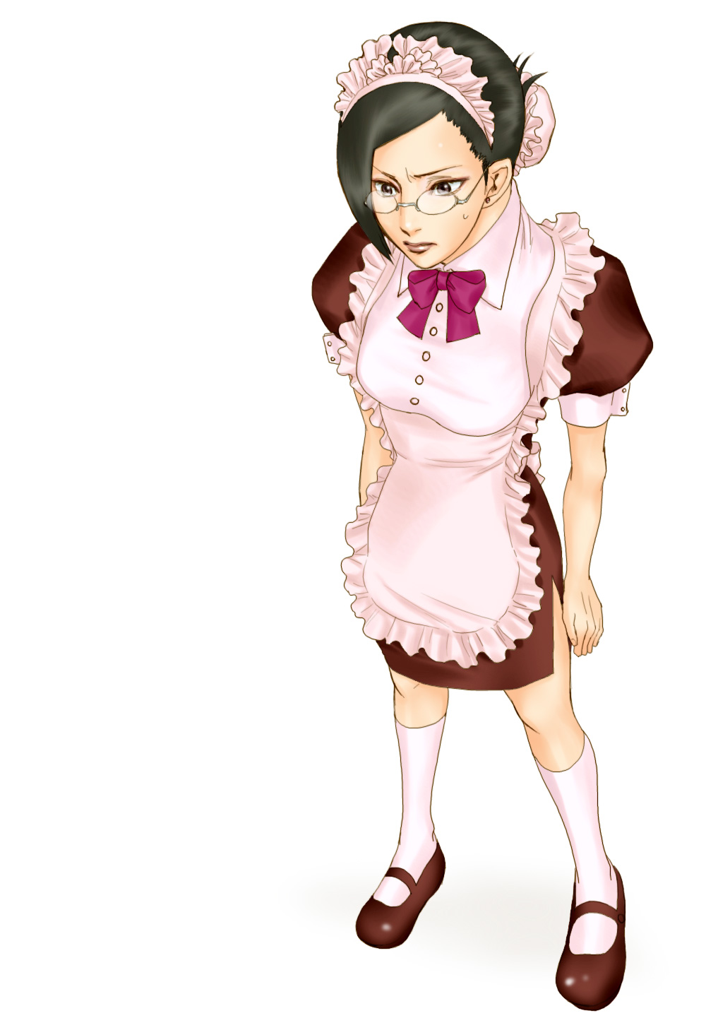 gekkousha, ise nanao, bleach, highres, 00s, arms at sides, black hair, brown shoes, glasses, maid, shoes, solo, sweatdrop