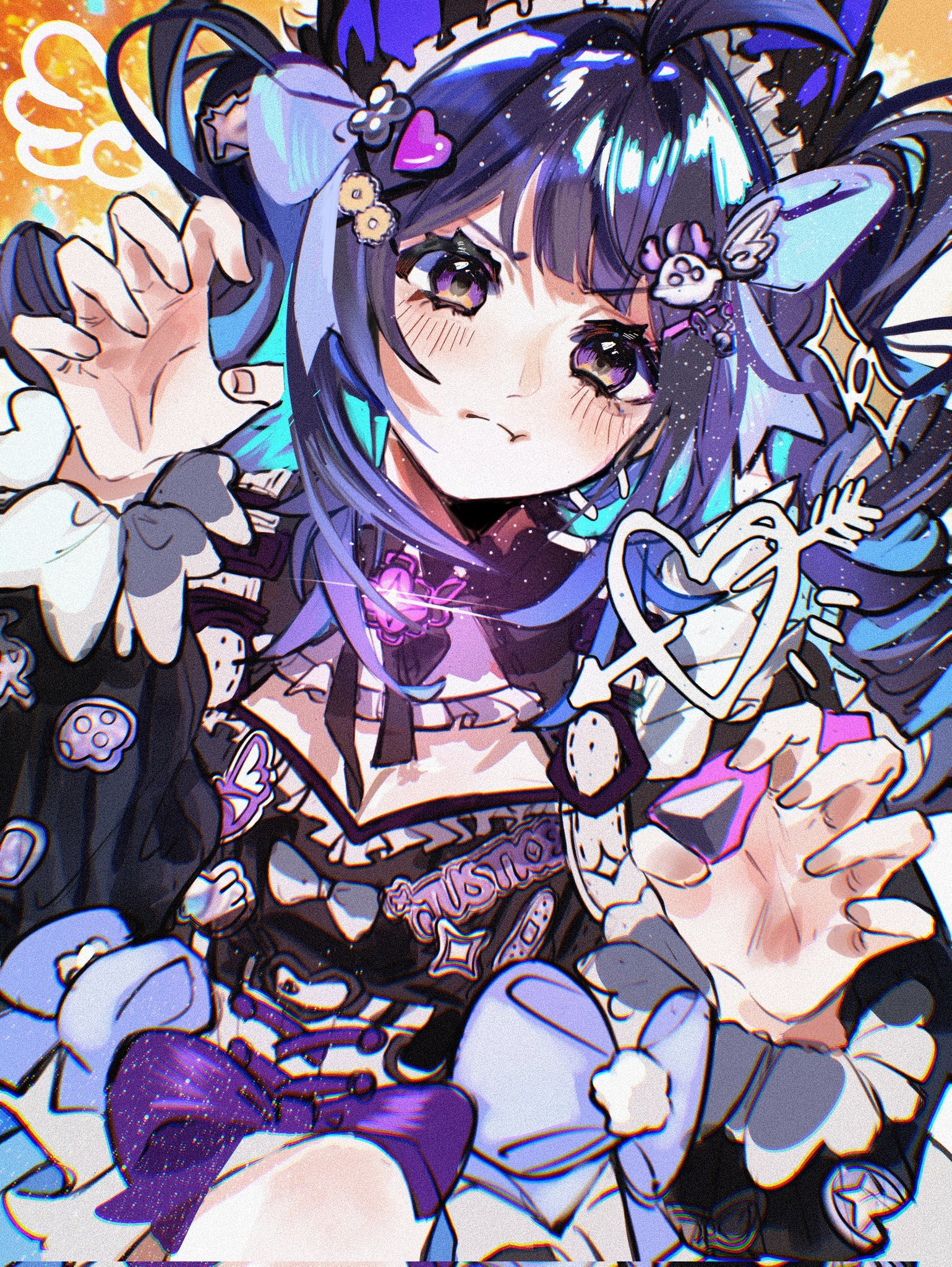 jieli, enna alouette, nijisanji, nijisanji en, corrupted twitter file, highres, >:(, 1girl, :t, ahoge, blush, claw pose, decora, enna alouette (decora), heart, long hair, looking at viewer, maid, maid headdress, orange background, purple eyes, purple hair, solo, twintails, v-shaped eyebrows, virtual youtuber