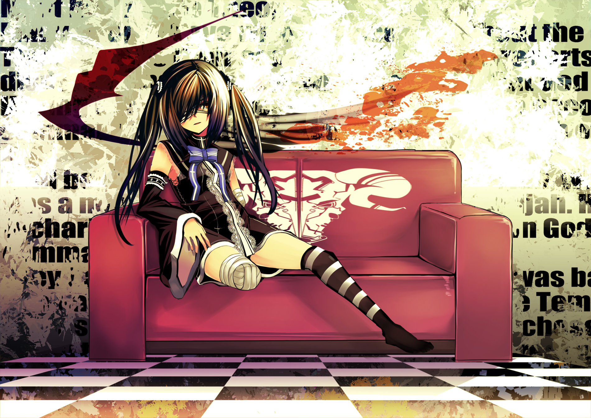 nirai kanai, highres, 1girl, amputee, bandages, bow, couch, detached sleeves, dress, eyepatch, female focus, multicolored hair, sitting, solo, striped clothes, striped thighhighs, thighhighs, twintails