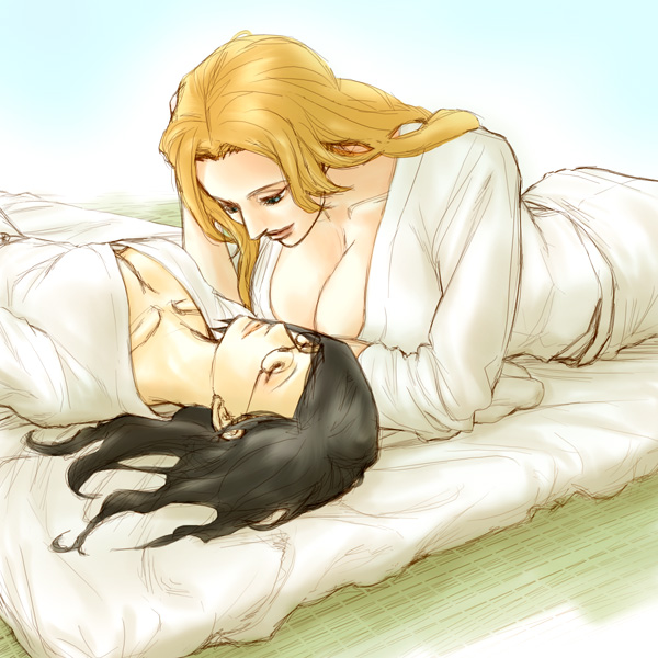 gekkousha, ise nanao, matsumoto rangiku, bleach, 00s, 2girls, black hair, blonde hair, breasts, cleavage, glasses, large breasts, long hair, lying, multiple girls, robe, sleeping, tatami, yuri