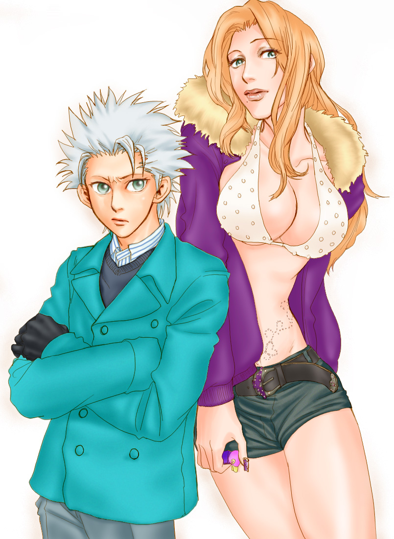 gekkousha, hitsugaya toushirou, matsumoto rangiku, bleach, 00s, 1boy, 1girl, breasts, casual, cleavage, large breasts, long hair, mole, mole under mouth, orange hair, white hair