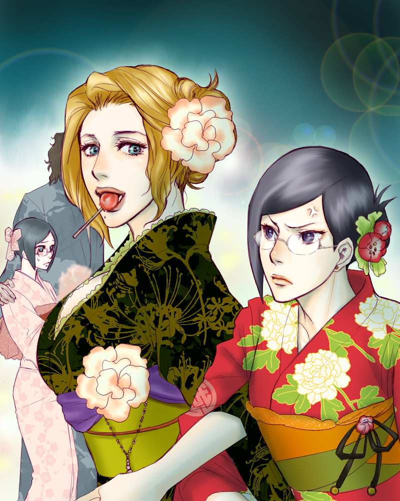 gekkousha, ise nanao, ishida uryuu, matsumoto rangiku, sado yasutora, bleach, 00s, 2girls, angry, aqua eyes, black hair, blonde hair, blue eyes, bow, breasts, candy, crossdressing, crossdressing (ftm), earrings, flower, food, glasses, hair bow, hair flower, hair ornament, hair up, hug, japanese clothes, jewelry, kimono, large breasts, locked arms, lollipop, mole, mole under mouth, mouth hold, multiple girls, yukata, yuri