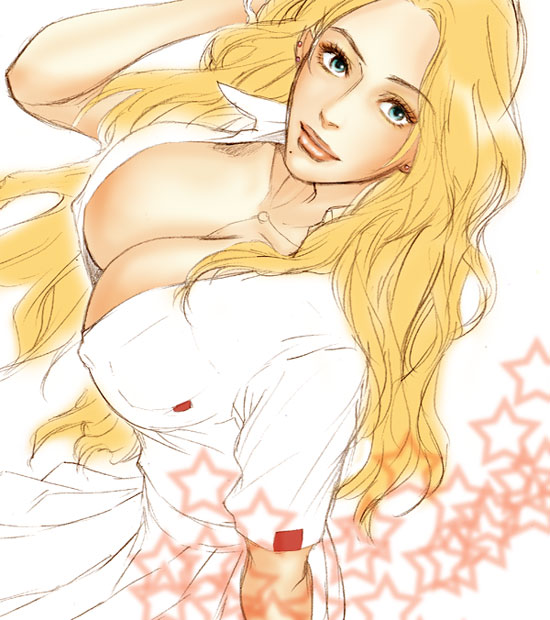 gekkousha, matsumoto rangiku, bleach, 00s, 1girl, blonde hair, breasts, cleavage, downblouse, female focus, large breasts, lips, long hair, mole, mole under mouth, solo