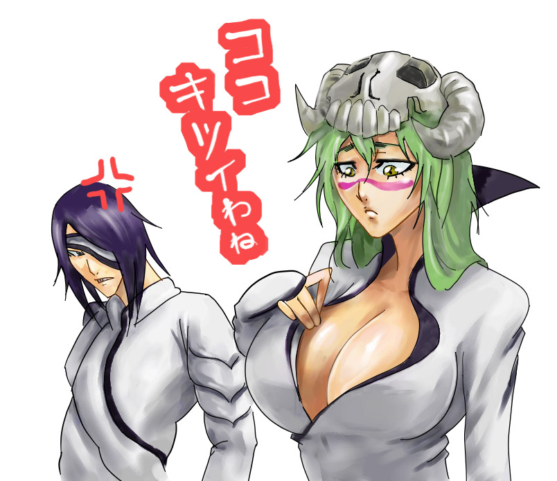 ikuyoan, nelliel tu odelschwanck, nnoitra gilga, bleach, bad id, bad pixiv id, translated, 1boy, 1girl, anger vein, arrancar, black hair, breasts, cleavage, cosplay, costume switch, eyepatch, facial mark, green hair, hollow (bleach), huge breasts, large breasts, long hair, number tattoo, open clothes, open shirt, shirt, skull, tattoo, yellow eyes