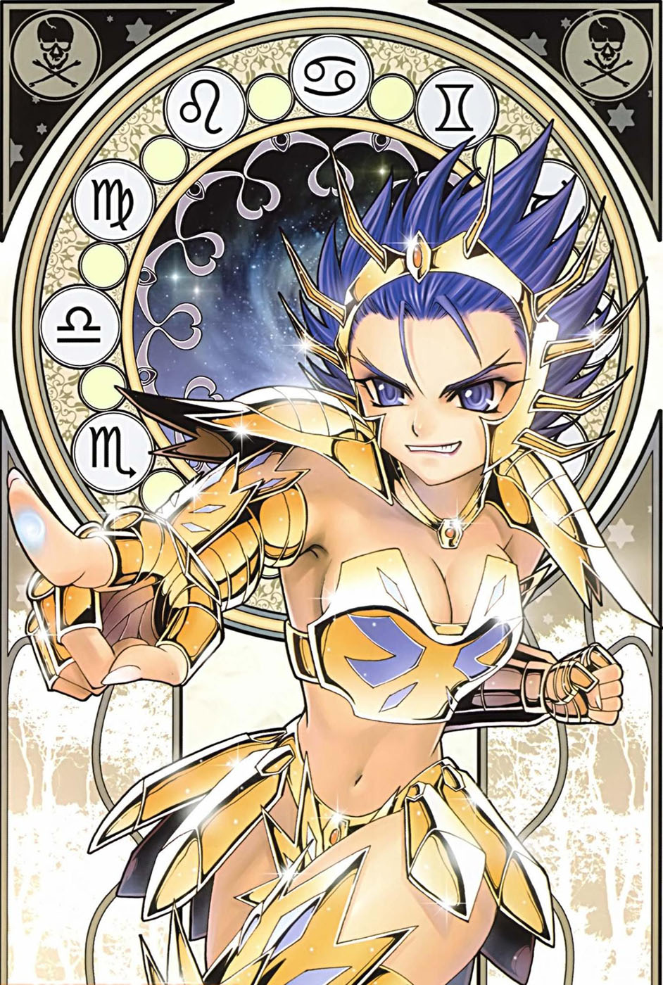 future studio (artist), mu fengchun, cancer deathmask, saint seiya, gender request, highres, 1girl, angry, armor, bikini armor, blue eyes, blue hair, breasts, cleavage, clenched hand, clenched teeth, female focus, genderswap, grin, helm, helmet, matching hair/eyes, midriff, pointing, short hair, skull and crossbones, smile, solo, spiked hair, teeth, watermark, zodiac