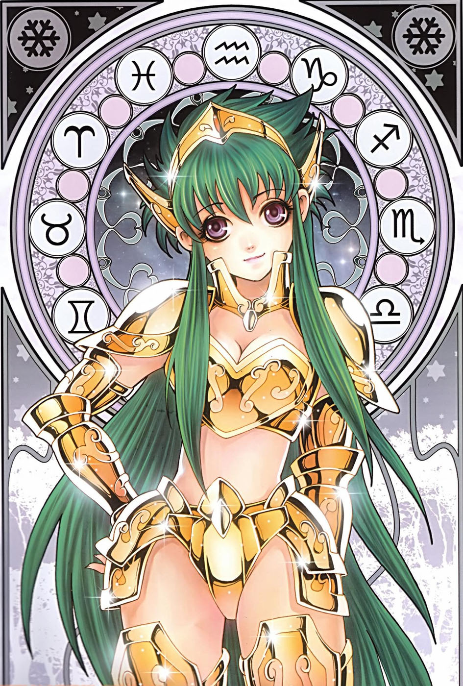 aquarius camus, saint seiya, gender request, highres, armor, genderswap, gold armor, green hair, long hair