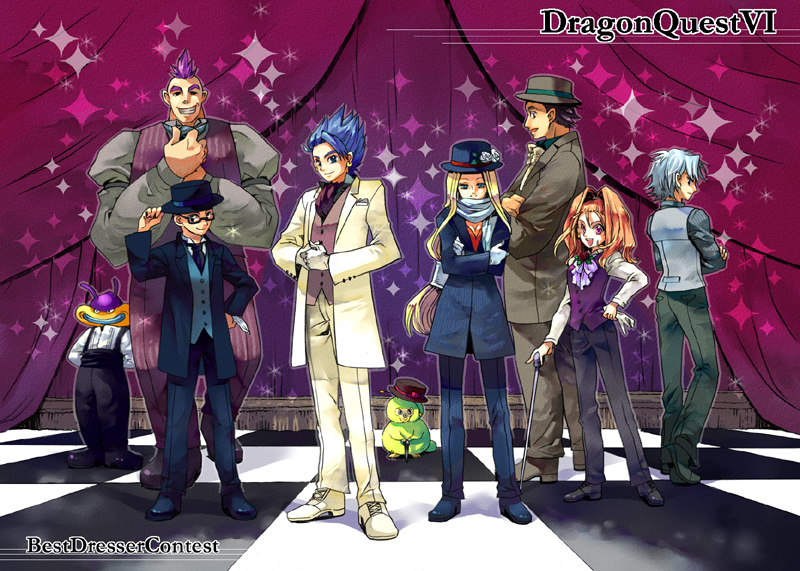 urita, amos, barbara (dq6), chamoro, hassan (dq6), hero (dq6), mireyu, terry (dq6), dragon quest, dragon quest vi, square enix, 2girls, 5boys, alternate costume, blonde hair, forehead, formal clothes, glasses, green eyes, hat, high ponytail, long hair, multiple boys, multiple girls, necktie, ponytail, red hair, scarf, suit