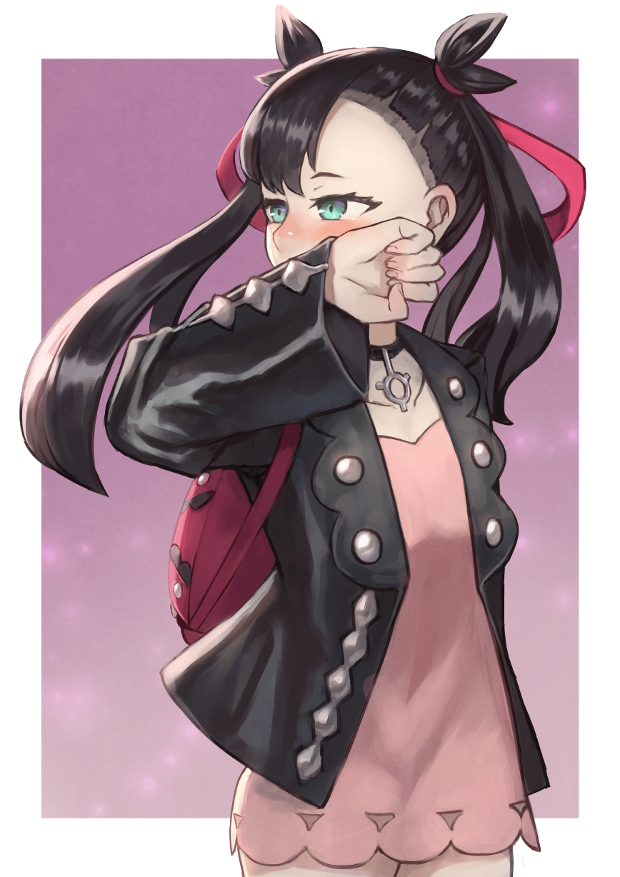 gomashiwo o, marnie (pokemon), nintendo, pokemon, pokemon swsh, highres, 1girl, arm up, asymmetrical bangs, backpack, bag, black choker, black hair, black jacket, blush, border, choker, clenched hand, cowboy shot, dress, facing viewer, green eyes, hair ribbon, jacket, long hair, looking to the side, pink dress, purple background, red ribbon, ribbon, short dress, solo, twintails, undercut, white border