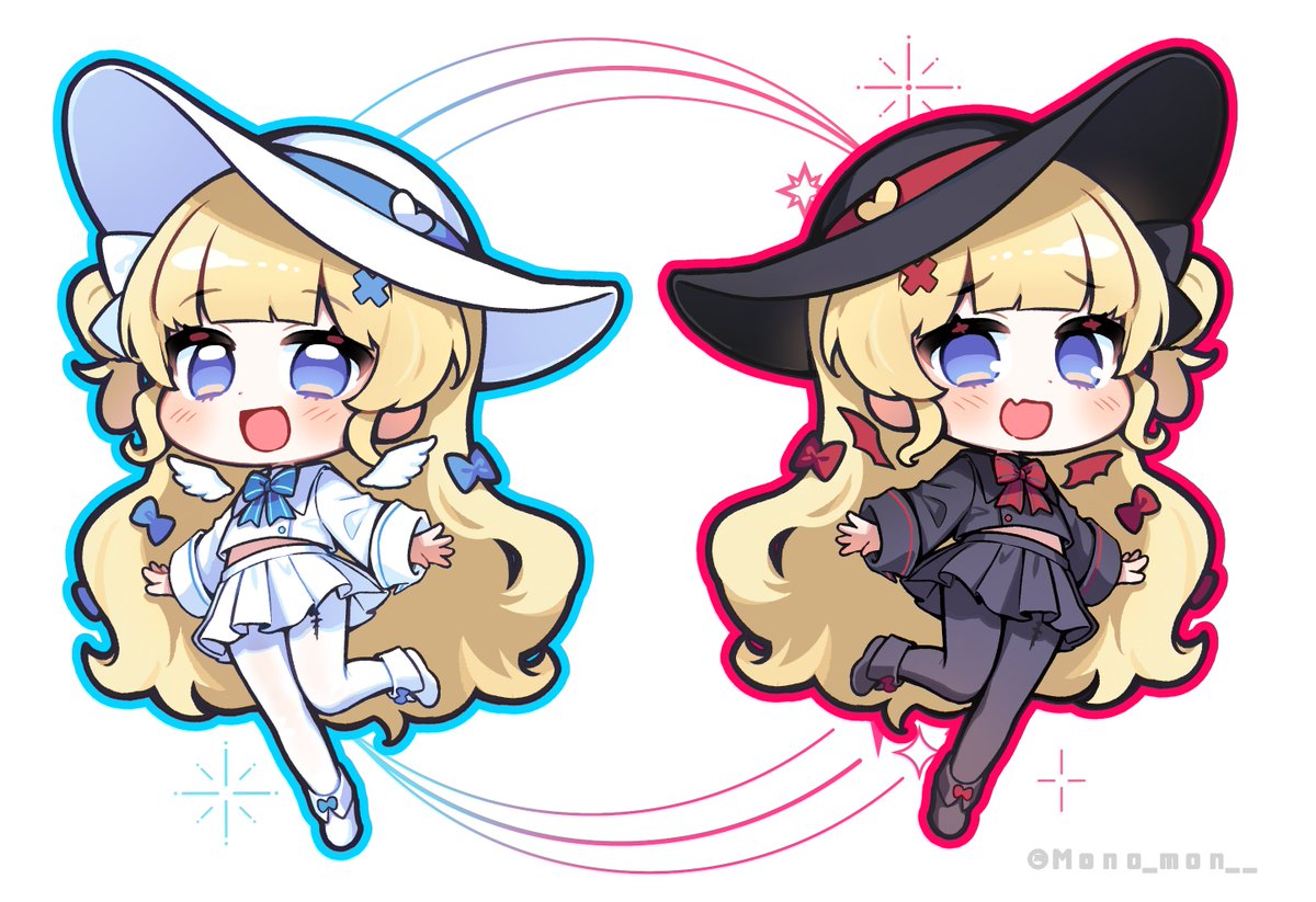 mono (mono mon), phoebe (wuthering waves), wuthering waves, commentary request, 1girl, black hat, black pantyhose, black shirt, black shoes, black skirt, blonde hair, blue bow, blue eyes, blush, bow, chibi, chibi only, full body, hair bow, hat, long hair, long sleeves, midriff peek, multiple views, open mouth, pantyhose, red bow, shirt, shoes, simple background, skirt, twitter username, very long hair, white background, white hat, white pantyhose, white shirt, white shoes