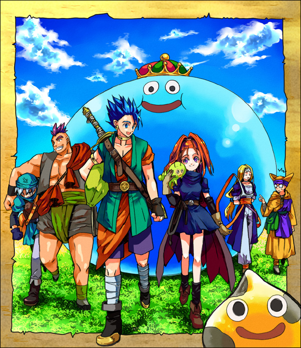 urita, barbara (dq6), chamoro, hassan (dq6), hero (dq6), king slime (dragon quest), mireyu, mottle slime, slime (dragon quest), spotted slime, terry (dq6), dragon quest, dragon quest vi, square enix, 2girls, 4boys, blonde hair, cape, circlet, closed eyes, dress, elbow gloves, forehead, glasses, gloves, hat, high ponytail, long hair, multiple boys, multiple girls, ponytail, red hair, sword, weapon