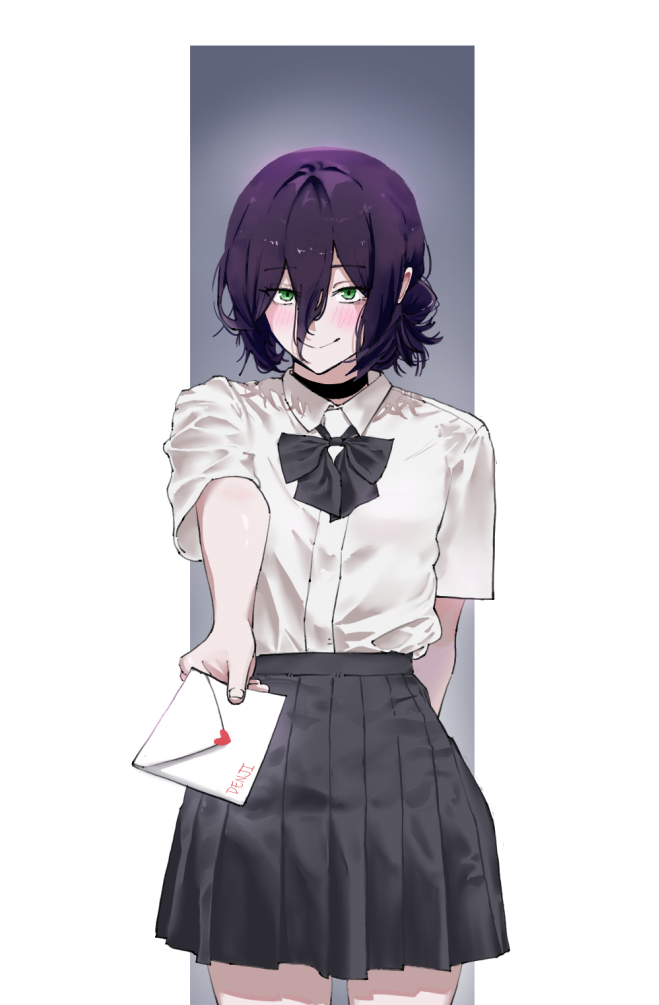 moti1250, reze (chainsaw man), chainsaw man, commentary, english commentary, 1girl, arms behind back, black bow, black bowtie, black choker, black skirt, blush, border, bow, bowtie, choker, closed mouth, collared shirt, cowboy shot, gradient background, green eyes, grey background, hair between eyes, hair bun, holding, holding letter, incoming letter, letter, long hair between eyes, looking at viewer, love letter, medium hair, outside border, pleated skirt, shirt, shirt tucked in, short sleeves, single hair bun, skirt, smile, solo, white border, white shirt