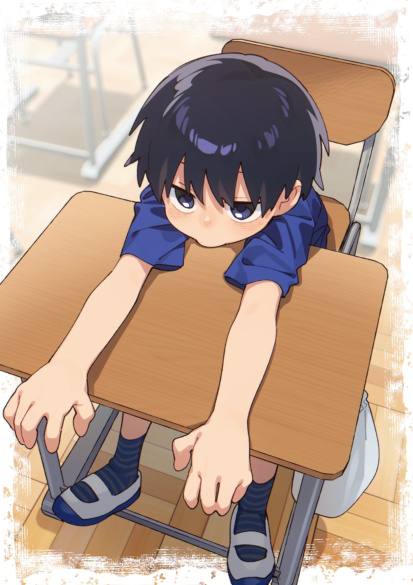 wool bl, original, commentary request, highres, 1boy, bag, black hair, blue eyes, blue shirt, border, chair, classroom, desk, hair between eyes, indoors, looking at viewer, male focus, on chair, school chair, school desk, shirt, shoes, short sleeves, sitting, socks, solo, striped clothes, striped socks, uwabaki, white border