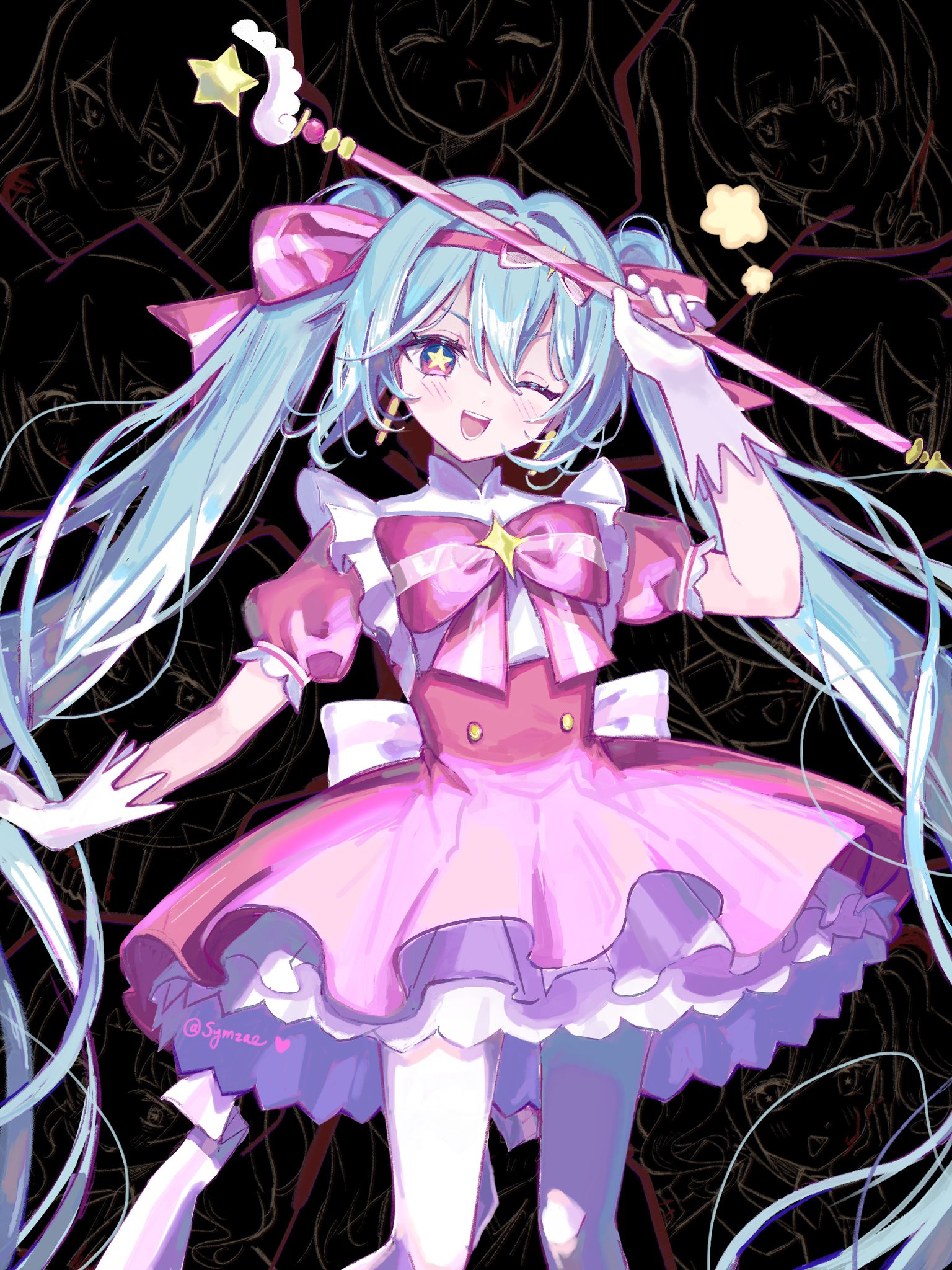 symzae, hatsune miku, vocaloid, commentary, english commentary, highres, 1girl, ;d, arm at side, back bow, black background, blue eyes, blue hair, bow, bowtie, buttons, double-breasted, double-parted bangs, earrings, feet out of frame, film grain, flat chest, frilled gloves, frilled shirt, frilled sleeves, frills, from below, gloves, hair between eyes, hair bow, hair intakes, hand up, head tilt, holding, holding wand, ima sugu rinne (vocaloid), jewelry, long hair, miniskirt, multicolored eyes, one eye closed, open mouth, pantyhose, pink bow, pink bowtie, pink eyes, pink skirt, puffy short sleeves, puffy sleeves, shirt, short sleeves, simple background, skirt, smile, solo, standing, star-shaped pupils, star (symbol), star wand, symbol-shaped pupils, turtleneck, turtleneck shirt, twintails, twitter username, two-tone eyes, v-shaped eyebrows, very long hair, wand, white bow, white gloves, white pantyhose, white shirt, yellow pupils