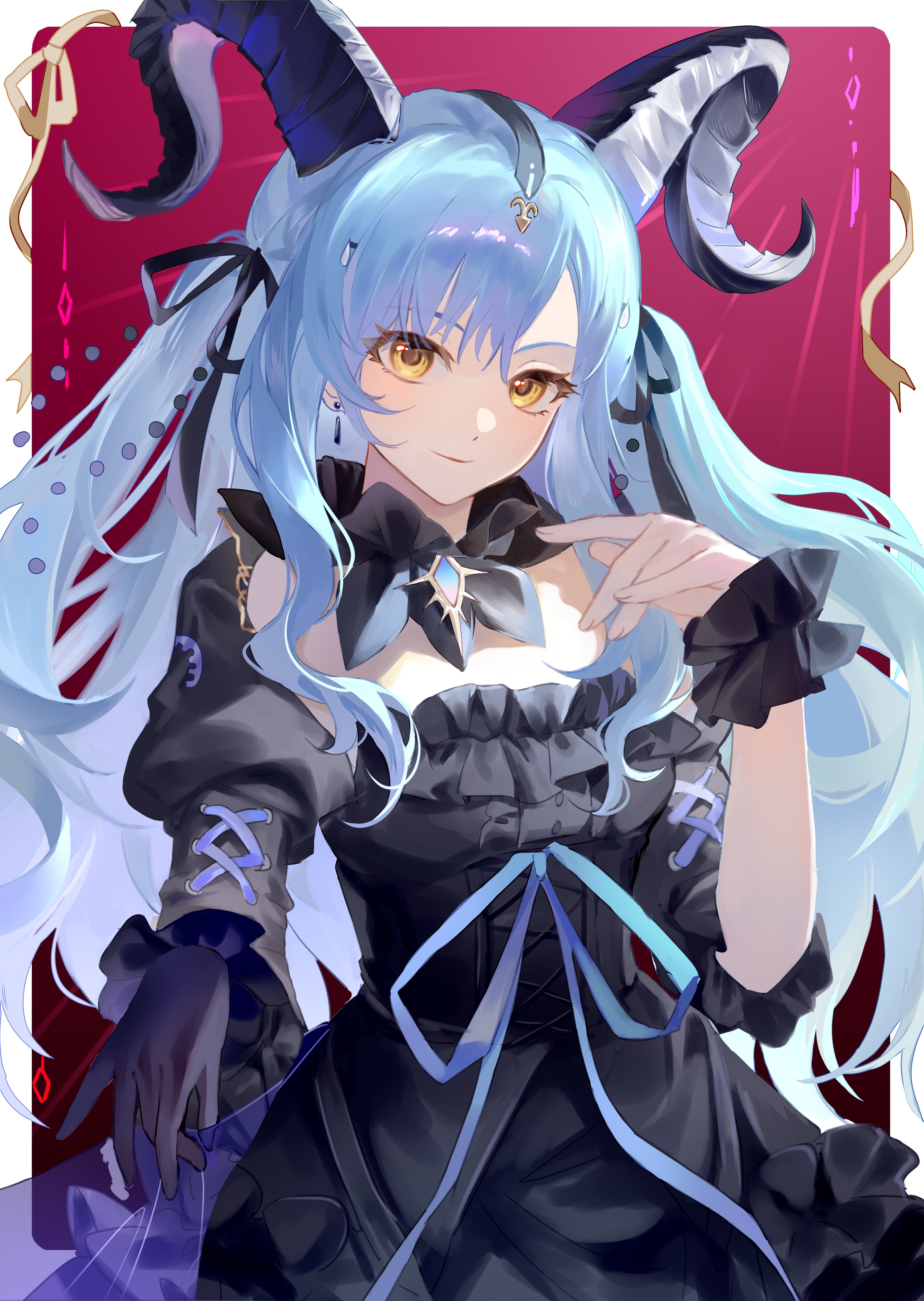 05980128sy, togawa sakiko, togawa sakiko (master of melodia), arknights, bang dream!, bang dream! it's mygo!!!!!, absurdres, chinese commentary, commentary request, highres, 1girl, black dress, black gloves, black horns, black ribbon, blue hair, blue ribbon, border, closed mouth, cowboy shot, curled horns, detached collar, dress, frilled dress, frills, gloves, hair ribbon, hand up, horns, long hair, looking at viewer, outside border, purple background, ribbon, sidelocks, single glove, smile, solo, standing, two side up, white border, wrist cuffs, yellow eyes