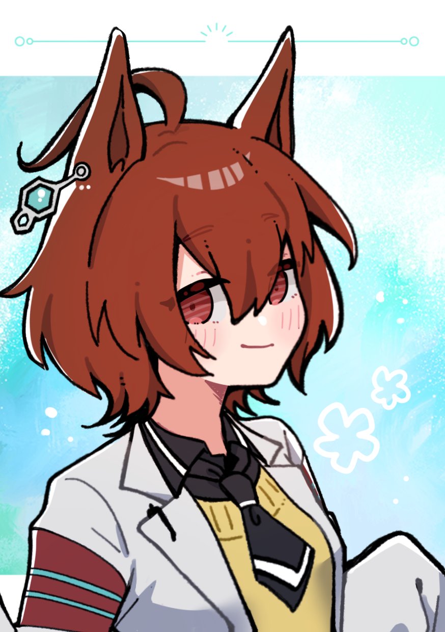 segawa rui, agnes tachyon (tach-nology) (umamusume), agnes tachyon (umamusume), umamusume, umamusume: beginning of a new era, highres, 1girl, ahoge, animal ears, brown hair, chemical structure, earrings, hair between eyes, horse ears, horse girl, huge ahoge, jewelry, lab coat, long sleeves, looking at viewer, medium hair, necktie, red eyes, shirt, short hair, short necktie, single earring, sleeves past fingers, sleeves past wrists, smile, solo, sweater, sweater vest, wolf cut, yellow sweater, yellow sweater vest