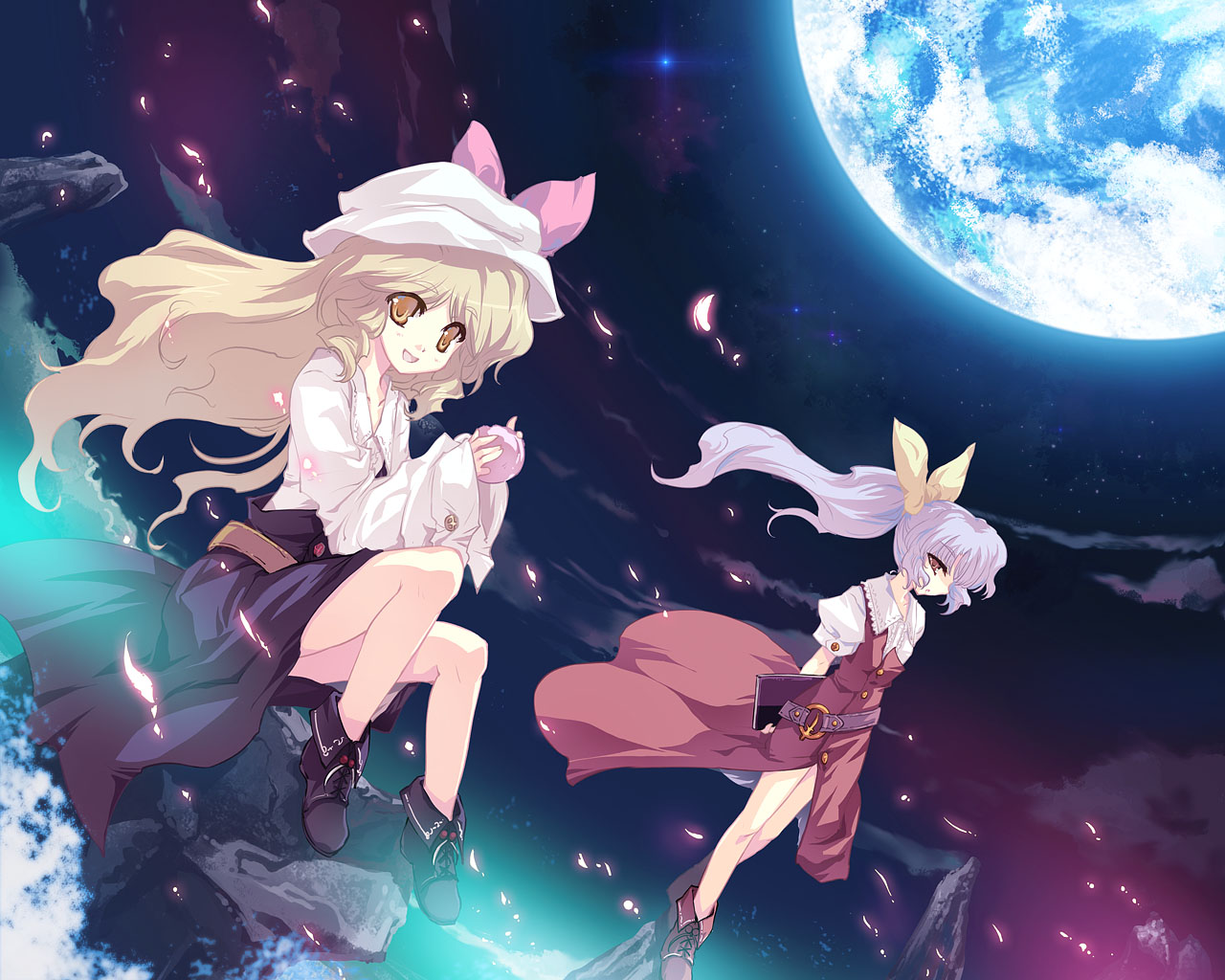 tokiame, watatsuki no toyohime, watatsuki no yorihime, silent sinner in blue, touhou, touhou bougetsushou, 2girls, arms behind back, belt, blonde hair, book, bow, cloud, dutch angle, earth (planet), female focus, fisheye, food, fruit, full moon, hair bow, hair ribbon, happy, hat, hat ribbon, long hair, looking at viewer, moon, multiple girls, night, open mouth, peach, planet, ponytail, purple hair, ribbon, siblings, sisters, sitting, star (symbol), wind, yellow eyes