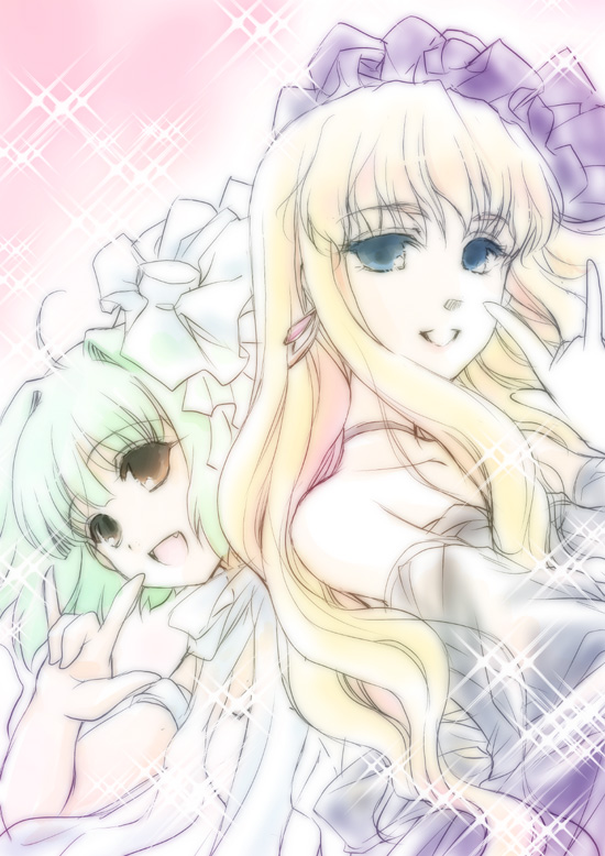 fujieda miyabi, ranka lee, sheryl nome, macross, macross frontier, 00s, 2girls, :d, m/, bare shoulders, blonde hair, blue eyes, blush, brown eyes, green hair, looking at viewer, multiple girls, open mouth, parted lips, short hair, smile, sparkle