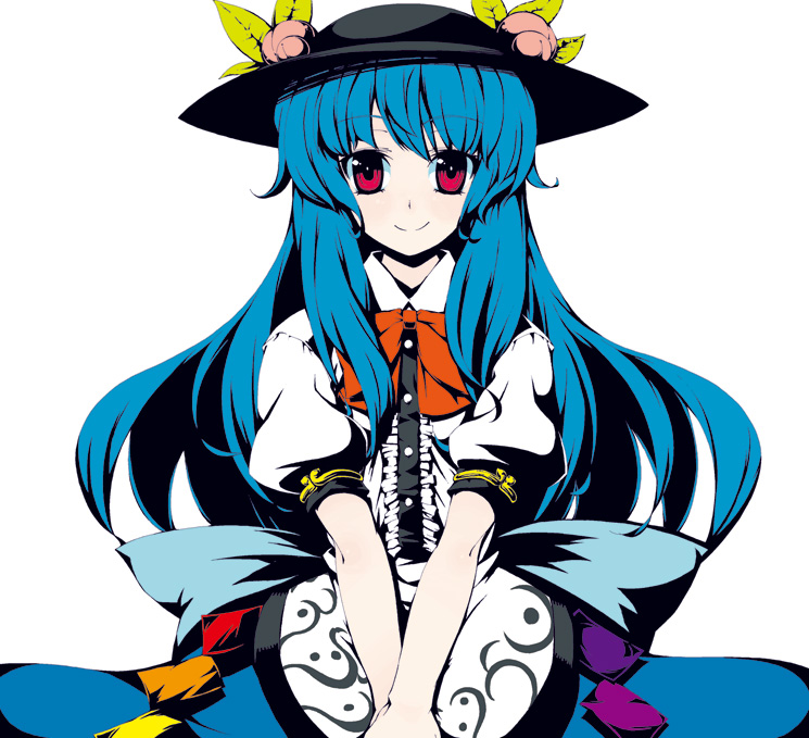 kabayaki unagi, hinanawi tenshi, touhou, bad id, bad pixiv id, 1girl, blue hair, female focus, food, fruit, hat, long hair, peach, red eyes, ribbon, simple background, smile, solo, standing, white background