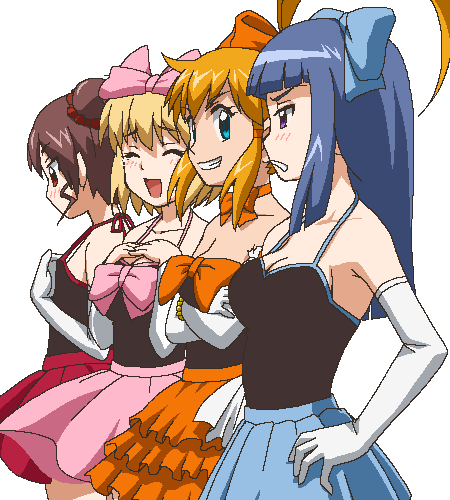 awa, iizuka tatsuki, kageyama torako, nonomura ayumi, saotome suzume, hyakko, lowres, 00s, 4girls, ^ ^, armpits, bare shoulders, blue eyes, blue skirt, blush, bow, breast envy, breast suppress, breasts, brown eyes, brown hair, cleavage, closed eyes, crossed arms, double bun, elbow gloves, from side, gloves, grin, hair bun, jaggy lines, layered skirt, long hair, multiple girls, no bra, oekaki, orange bow, orange hair, orange skirt, pink bow, pink skirt, red skirt, sidelocks, simple background, skirt, small breasts, smile, standing, tearing up, white background, white gloves