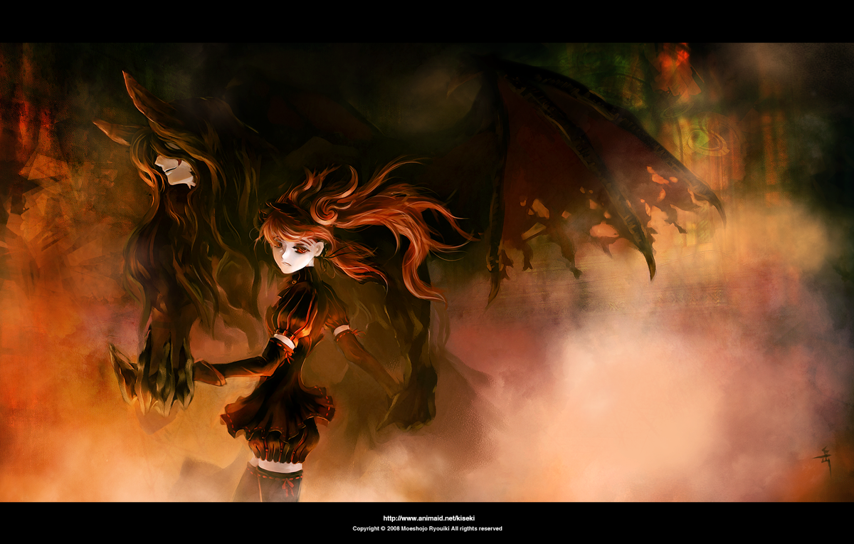 archlich, layla (sound horizon), shaytan, shaytan (sound horizon), seisen no iberia, sound horizon, 1boy, 1girl, bloomers, claws, demon, demon boy, elbow gloves, frills, gloves, hetero, holding hands, horns, letterboxed, long hair, red eyes, red hair, thighhighs, turtleneck, underwear, very long hair, watermark, wings