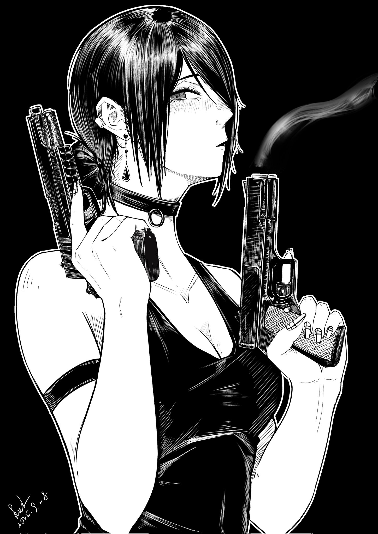 reze (chainsaw man), chainsaw man, commentary, highres, symbol-only commentary, 1girl, alternate costume, arm strap, black background, breasts, choker, cleavage, collarbone, dated, dress, dual wielding, earrings, from side, grenade pin, greyscale, gun, hair bun, hair over one eye, handgun, holding, holding gun, holding weapon, jewelry, lml1880828, looking at viewer, monochrome, parted lips, profile, short hair, signature, simple background, sleeveless, sleeveless dress, smoke, smoke trail, solo, trigger discipline, upper body, weapon