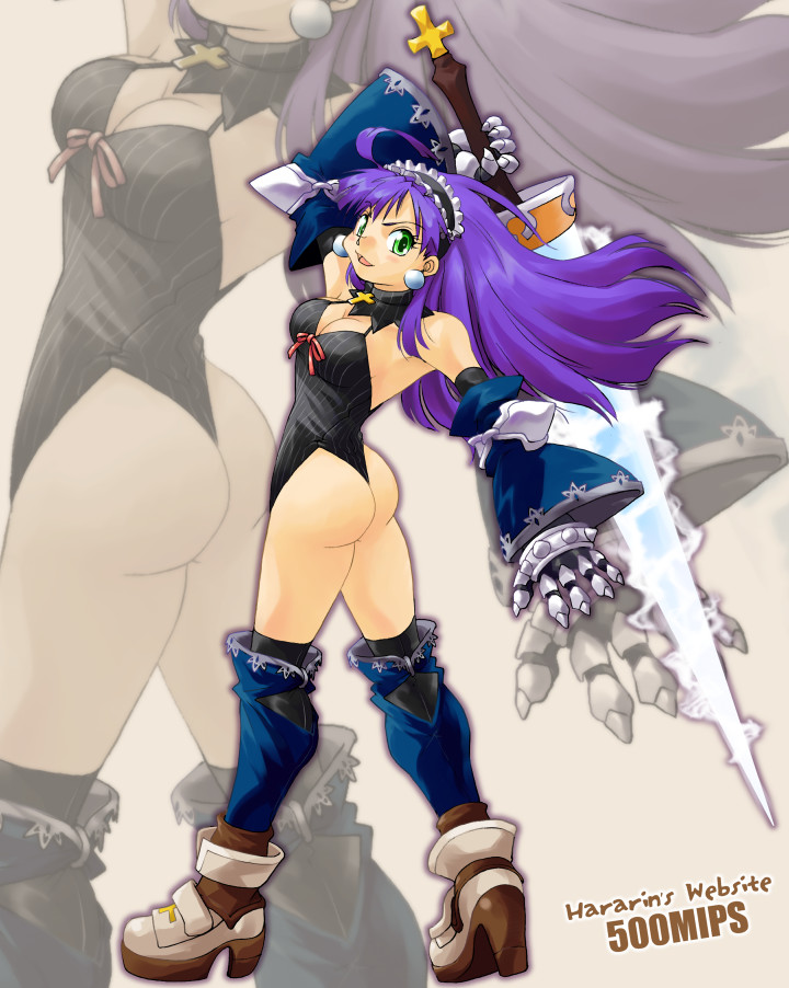 ranbu hararin, dark eclair, eclair (la pucelle), la pucelle, nippon ichi, ahoge, ass, breasts, cleavage, cross, earrings, gloves, green eyes, highleg, highleg leotard, huge breasts, jewelry, leotard, long hair, open mouth, purple hair, smile, solo, sword, thighhighs, weapon, zoom layer