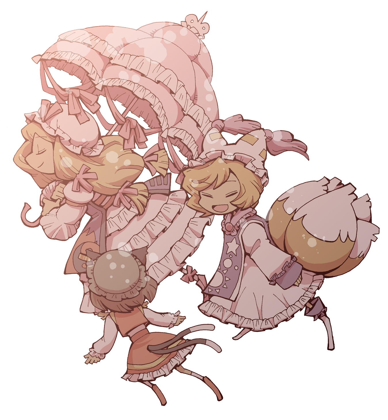 hounori, chen, yakumo ran, yakumo yukari, touhou, highres, 3girls, animal ears, animal hat, blonde hair, brown hair, cat ears, cat girl, cat tail, earrings, female focus, flying, fox ears, fox tail, hat, jewelry, long hair, long sleeves, mob cap, multiple girls, multiple tails, parasol, ribbon, shoes, short hair, socks, tail, tassel, umbrella, wide sleeves