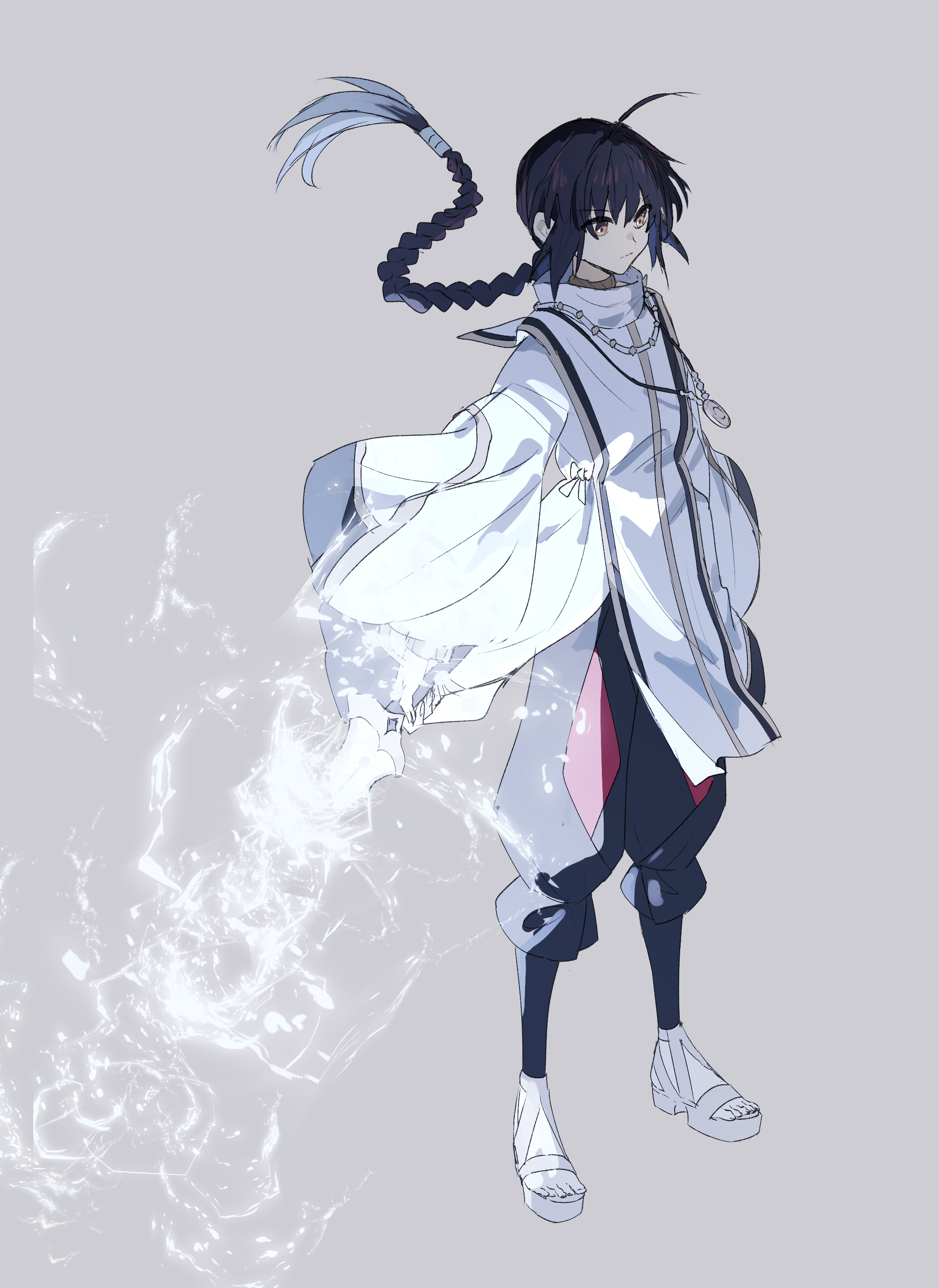 ninjin (ne f g o), yamato takeru (fate), fate/samurai remnant, fate (series), absurdres, commentary request, highres, 1other, ahoge, braid, closed mouth, energy, full body, grey background, holding, holding sword, holding weapon, jewelry, long hair, long sleeves, necklace, orange eyes, other focus, robe, sandals, simple background, solo, standing, sword, weapon, white robe
