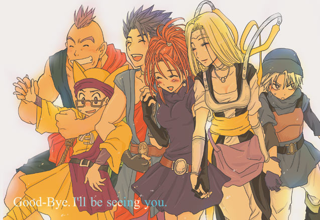 akiyoshi7, barbara (dq6), chamoro, hassan (dq6), hero (dq6), mireyu, terry (dq6), dragon quest, dragon quest vi, square enix, md5 mismatch, resolution mismatch, source larger, 2girls, 4boys, blonde hair, blush, bracelet, breasts, circlet, cleavage, closed eyes, dress, elbow gloves, fingerless gloves, forehead, glasses, gloves, hat, high ponytail, holding hands, jewelry, long hair, multiple boys, multiple girls, necklace, ponytail, red hair, ribbon, smile