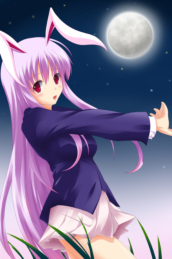 yuurakudou kurono, reisen udongein inaba, touhou, bad id, bad pixiv id, 1girl, animal ears, business suit, female focus, formal clothes, grass, kuruno, long hair, moon, purple hair, rabbit ears, skirt, skirt suit, solo, suit, very long hair