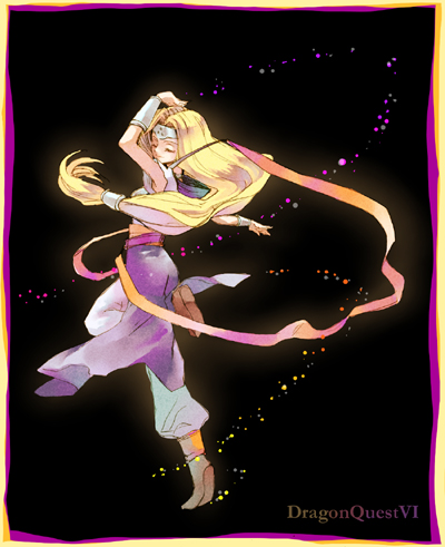 urita, mireyu, dragon quest, dragon quest vi, lowres, 1girl, black background, blonde hair, bracelet, circlet, closed eyes, copyright name, dancing, dress, female focus, jewelry, long hair, low-tied long hair, ribbon, solo